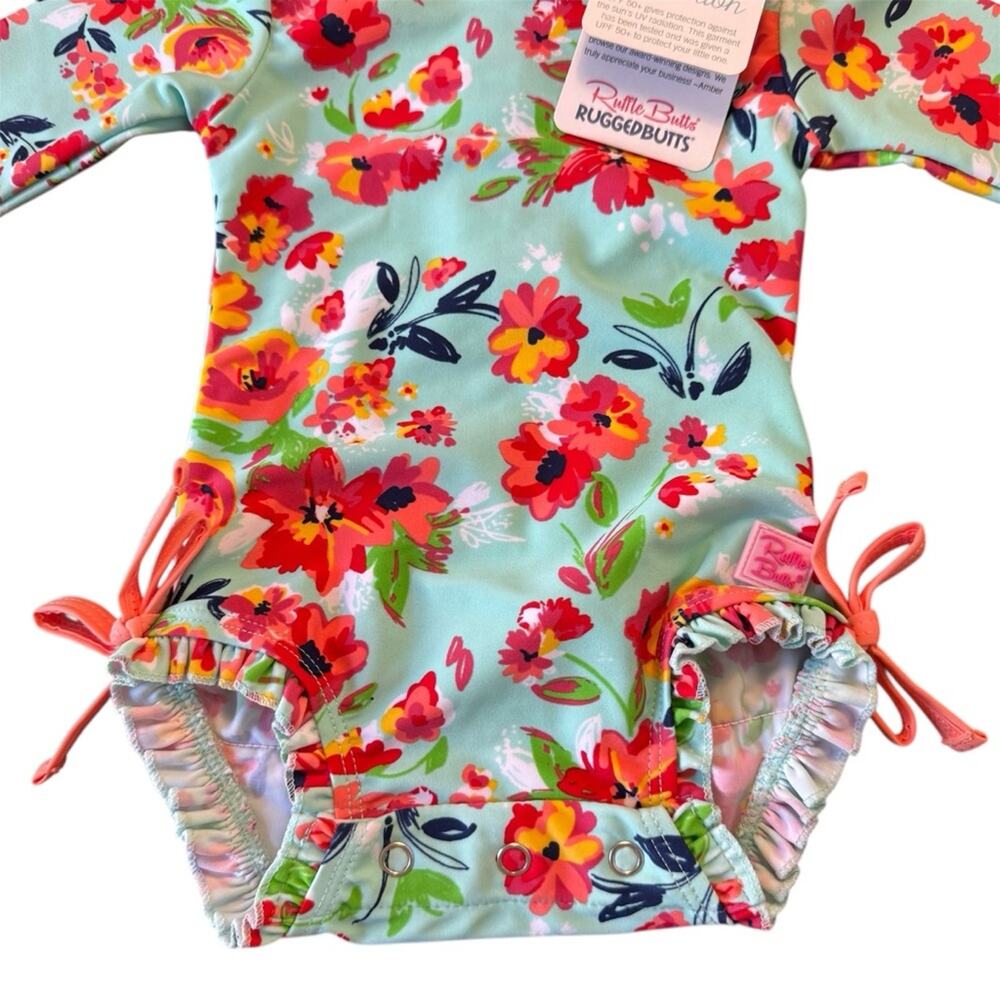 Ruffle Butts Painted Flowers Long Sleeve One-Piece Rashguard Swimsuit Size 0-3 M - Picture 2 of 8